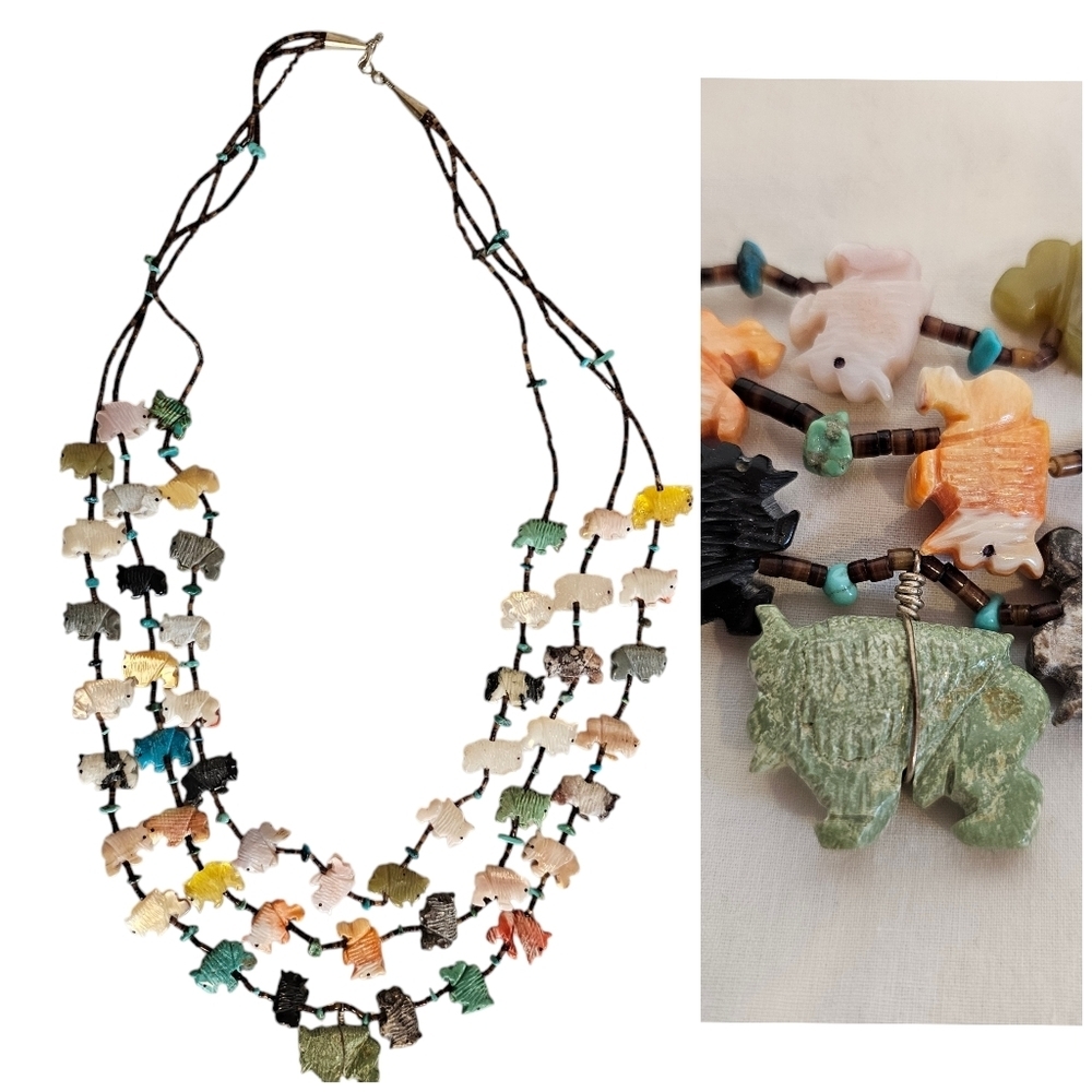 Native American Buffalo Fetish Tiered Necklace Handcrafted Sterling Necklace
